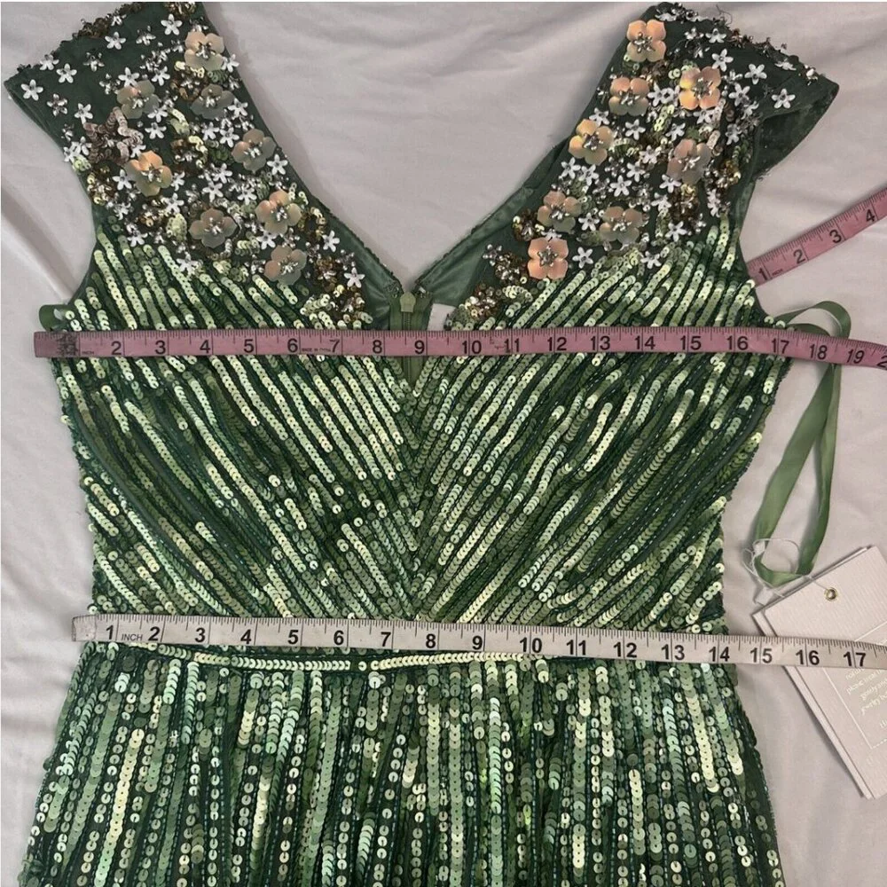 NWT$798 Mac Duggal [ 8 ] Sequin Floral Embellished‎ Evening Gown Sage Green Q728 - Picture 4 of 16